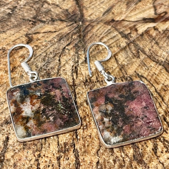 Dainty Square Rhodonite Earrings 1 1/2” - Picture 8 of 10